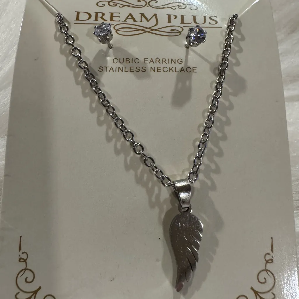 Silver Angel Wing Necklace and Earring Set - Image 2