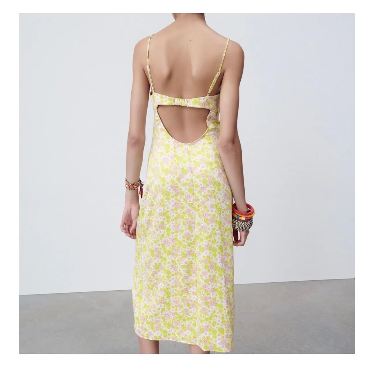 Zara 70s Micro Floral Midi Dress Size Small Cut Out Back Bohemian Vintage Yellow - Image 15