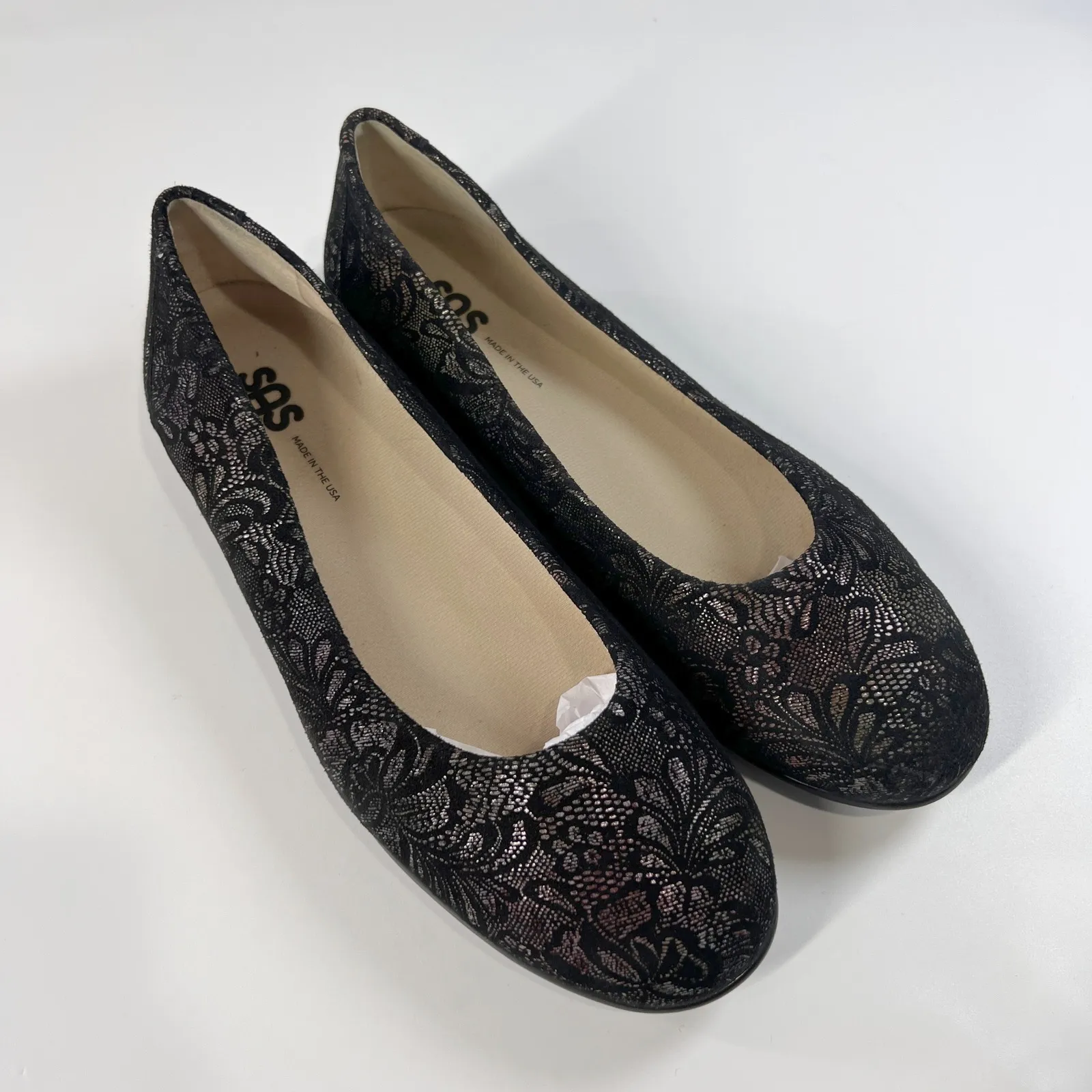 SAS Women's 9.5M Lace Ballet Flats‎ Black Metallic Floral Comfort Shoes USA Made Size 9.5 - Image 2