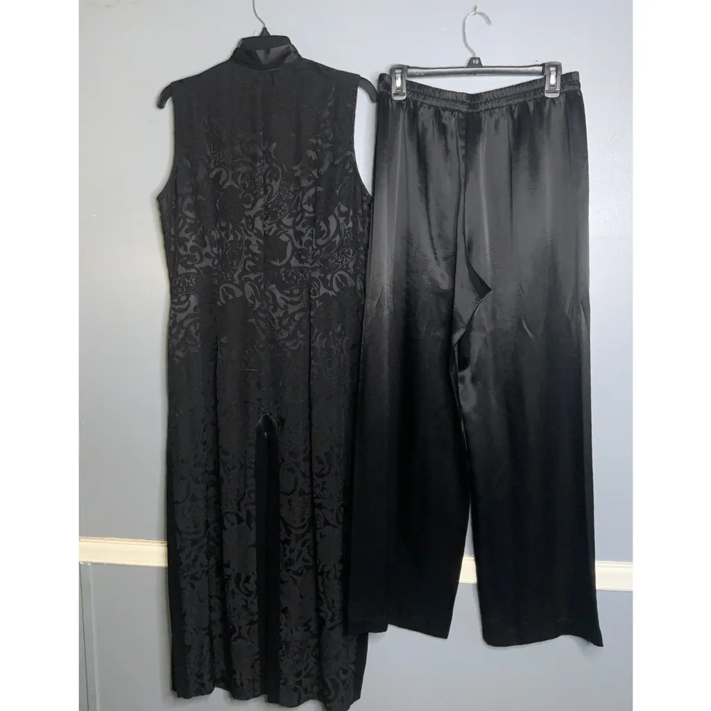 R&M Richards Black Satin Sleeveless Cheongsam & Wide Leg Pants Size 14 - Image 3