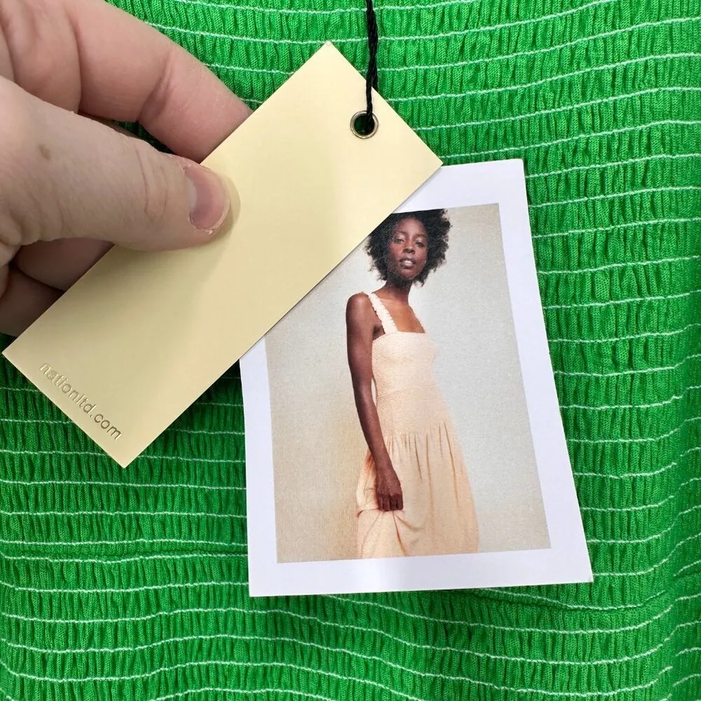 Nation‎ LTD Bright Green Gabby Smocked Midi 100% Pima Cotton Casual Tank Dress L - Image 6