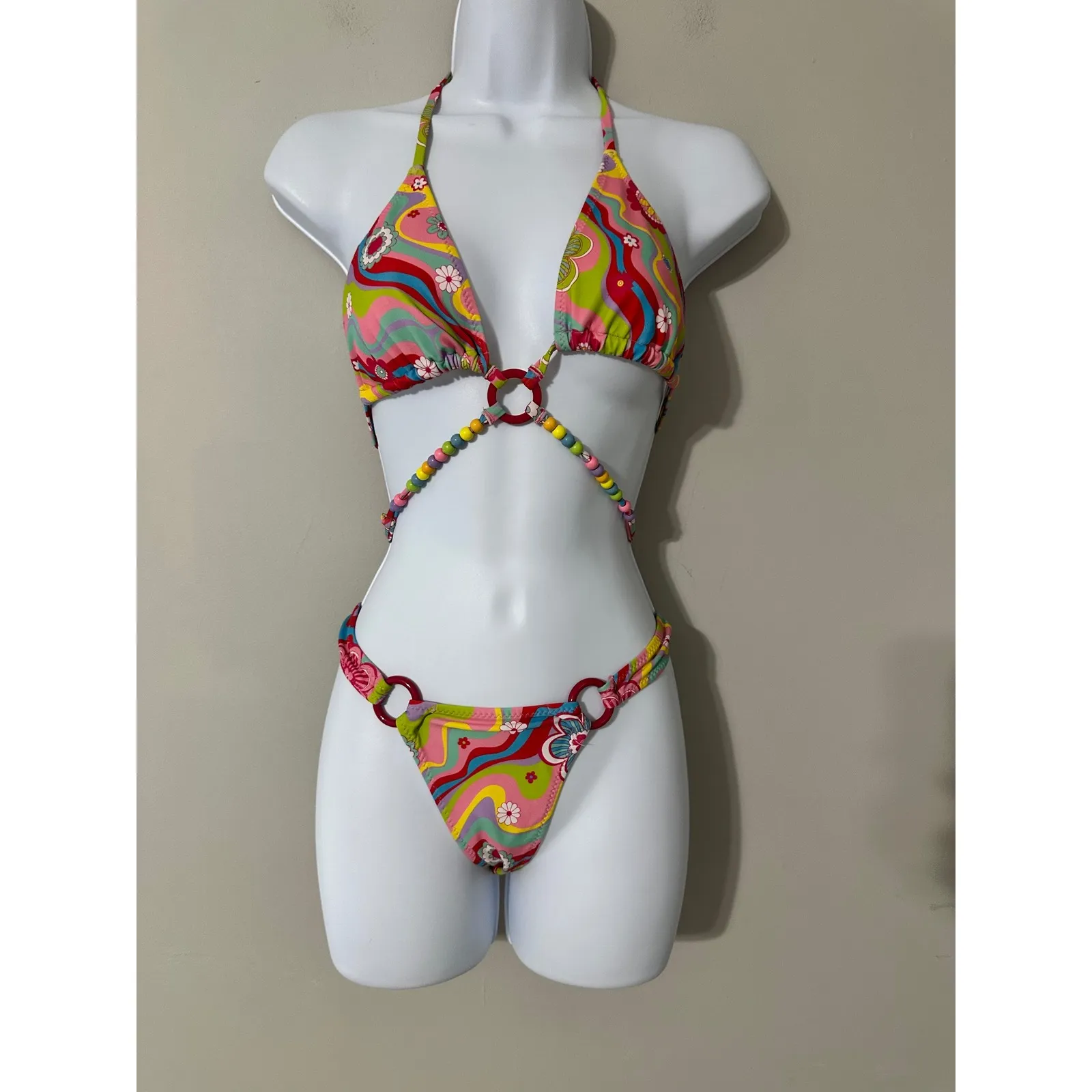 Tiger Mist Retro Floral Print Halter Bikini Set Beaded Ring Accents XS - Image 3