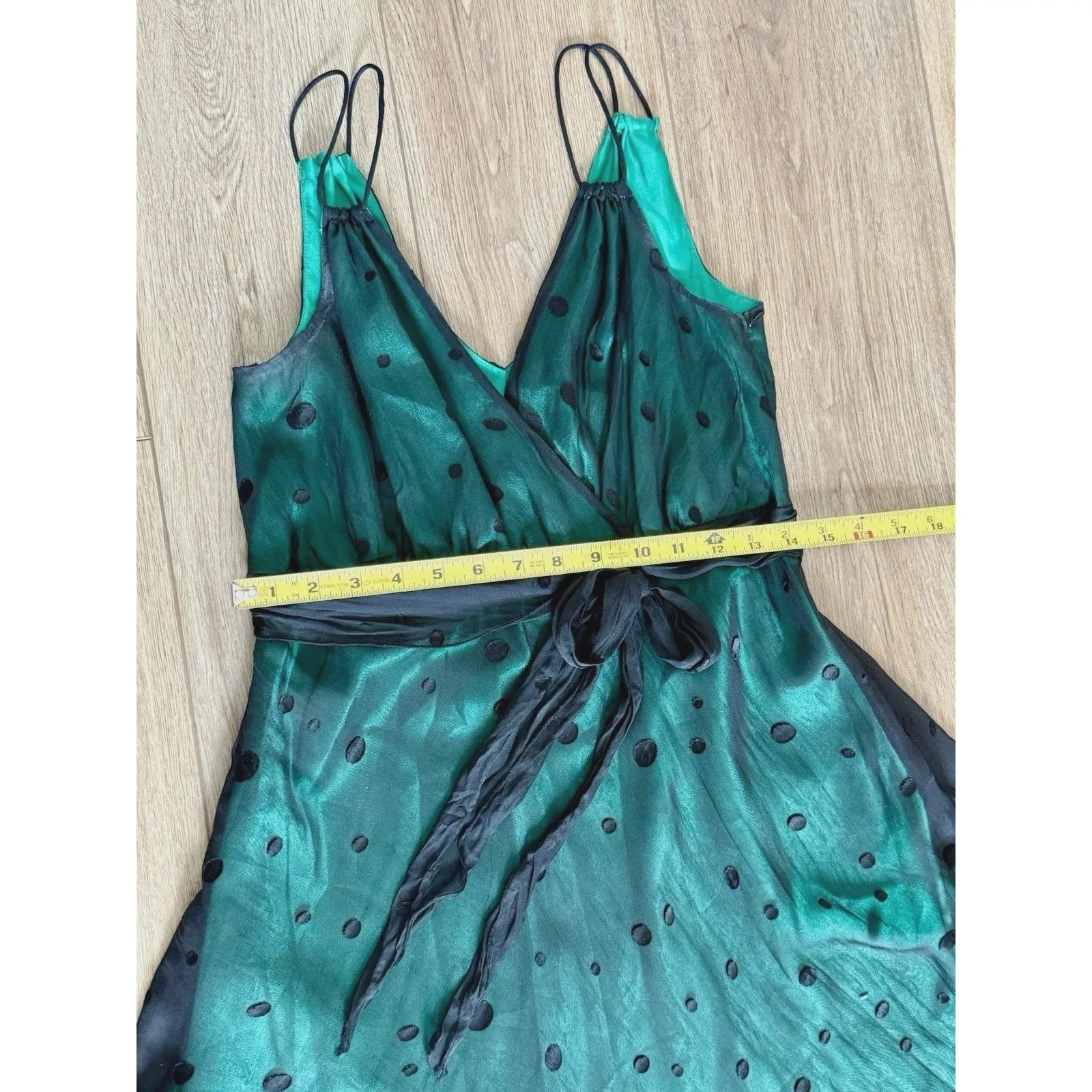 VTG Y2K Jonathan Martin Dress emerald green silk black sheer mesh polka dot SZ 6 - Image 6