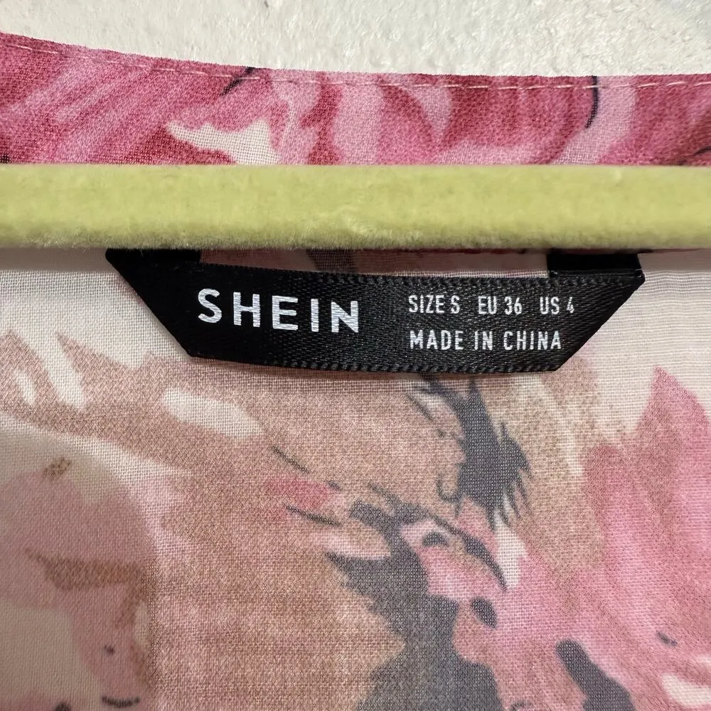 SHEIN Sheer Pink Floral Karasmina Ruffle Trim Floral Top Sz S - Image 5