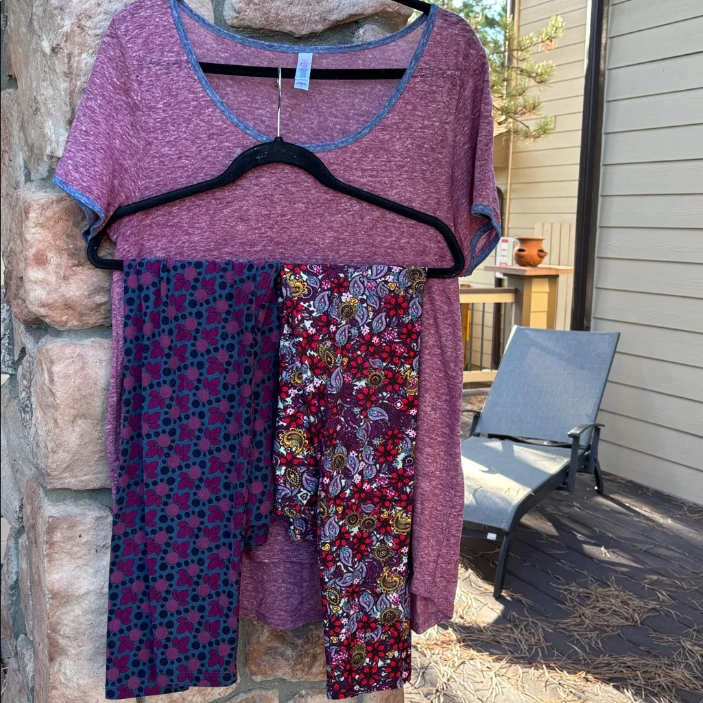 LuLaRoe Set of 3 Purple Heathered CLASSIC Tee Tunic Floral One Size Leggings - Image 3