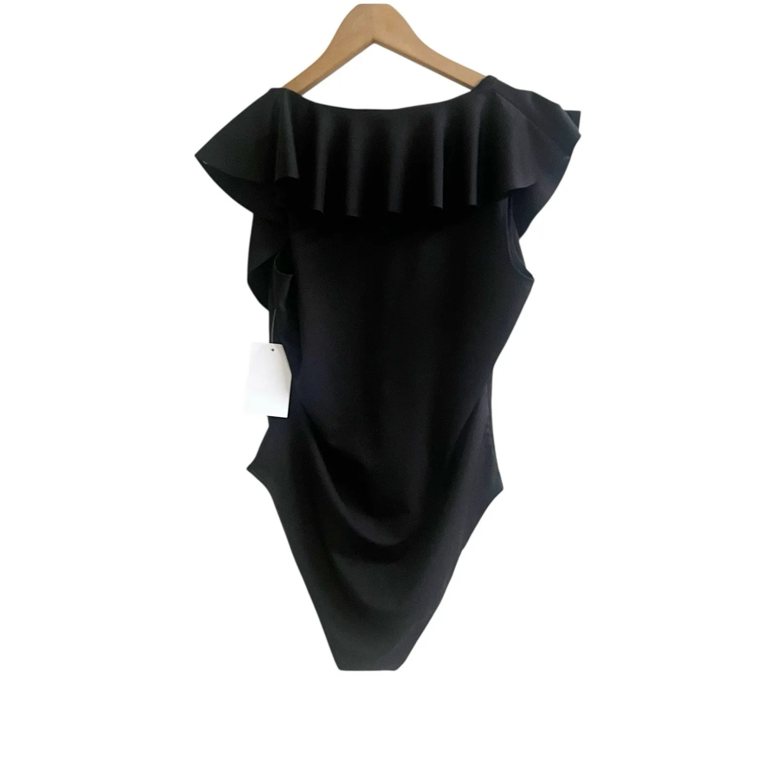 Publik Women’s Ruffled Black Bodysuit Size Large NWT Stretchy Vamp Goth Party - Image 2