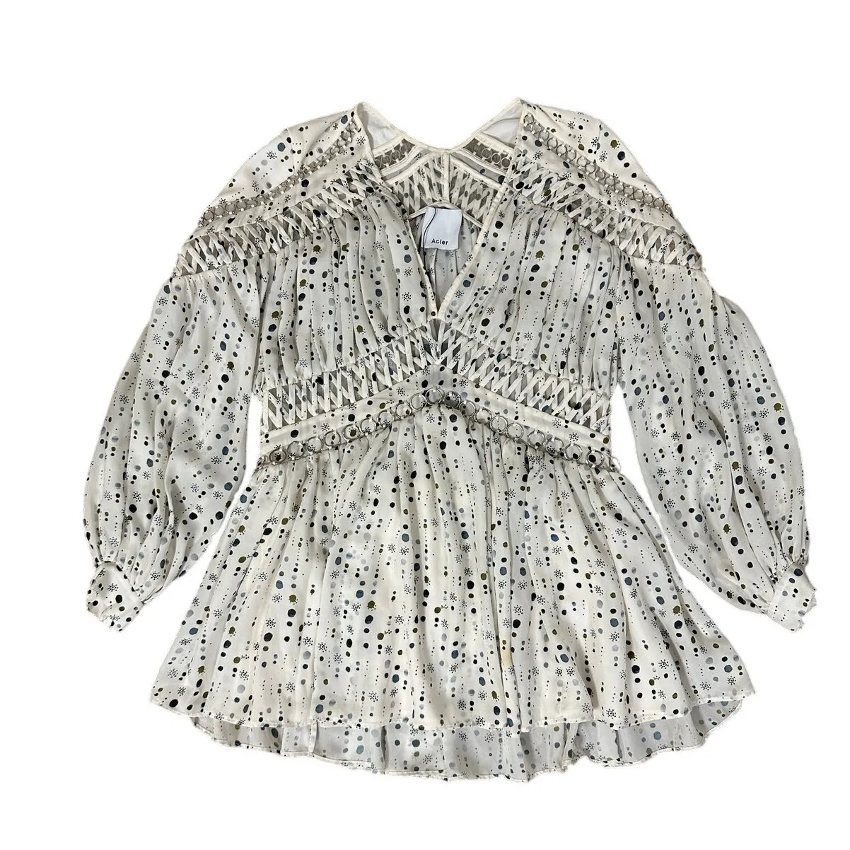 Acler Mini Dress Cream Eclipse V Neck Long Sleeve New Size 4 - Image 8