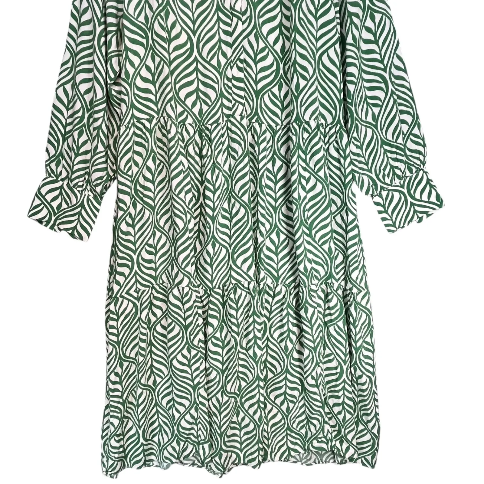 H&M Womens Green White Leaf Print Tiered Midi Dress Long Sleeve‎ - Image 5