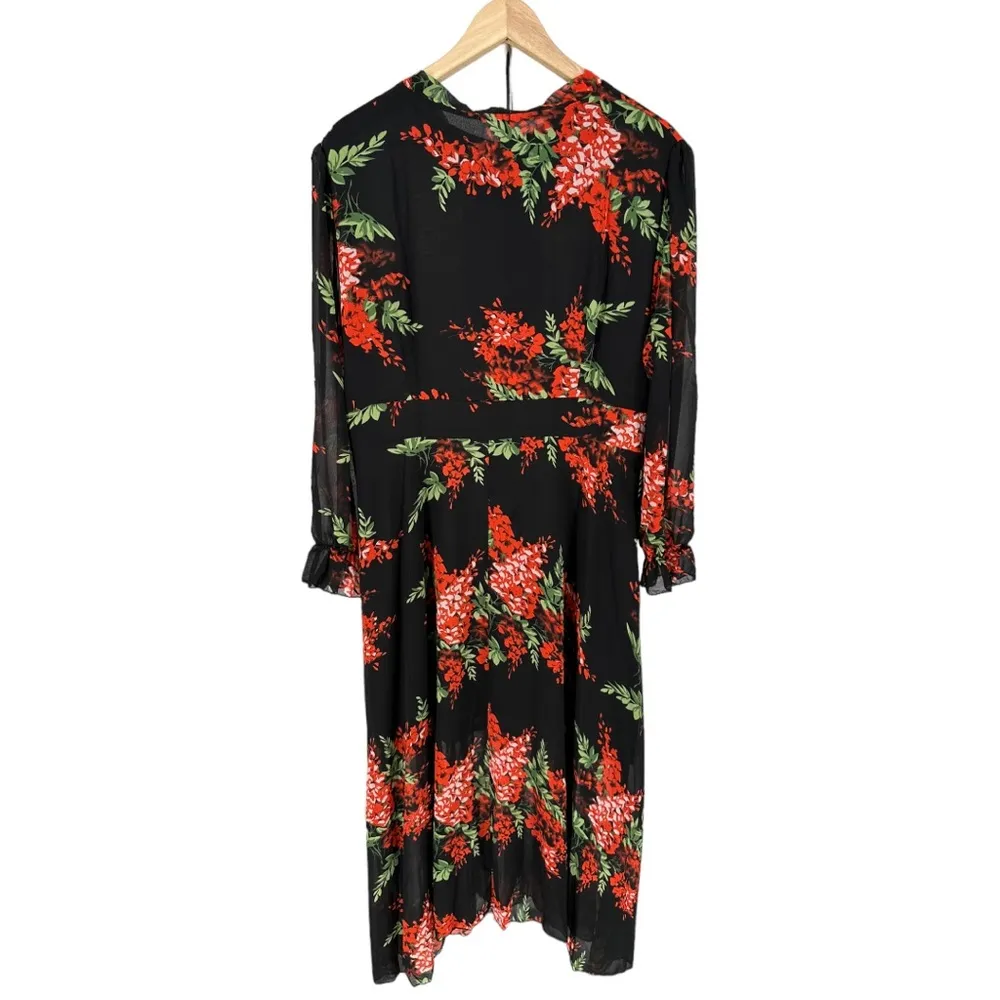 Black Red Floral Tie Bow Neck Maxi Long Dress Sheer Long Sleeve size 14 NWT - Image 9