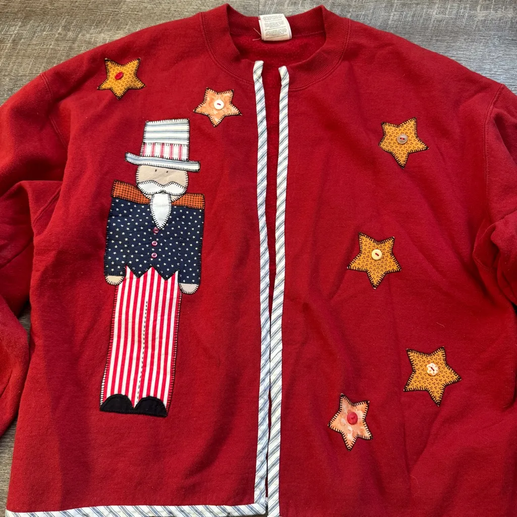 Vintage Ugly Christmas Grandma Sweater Cardigan Holiday Patriotic Stars Large Black - Image 4