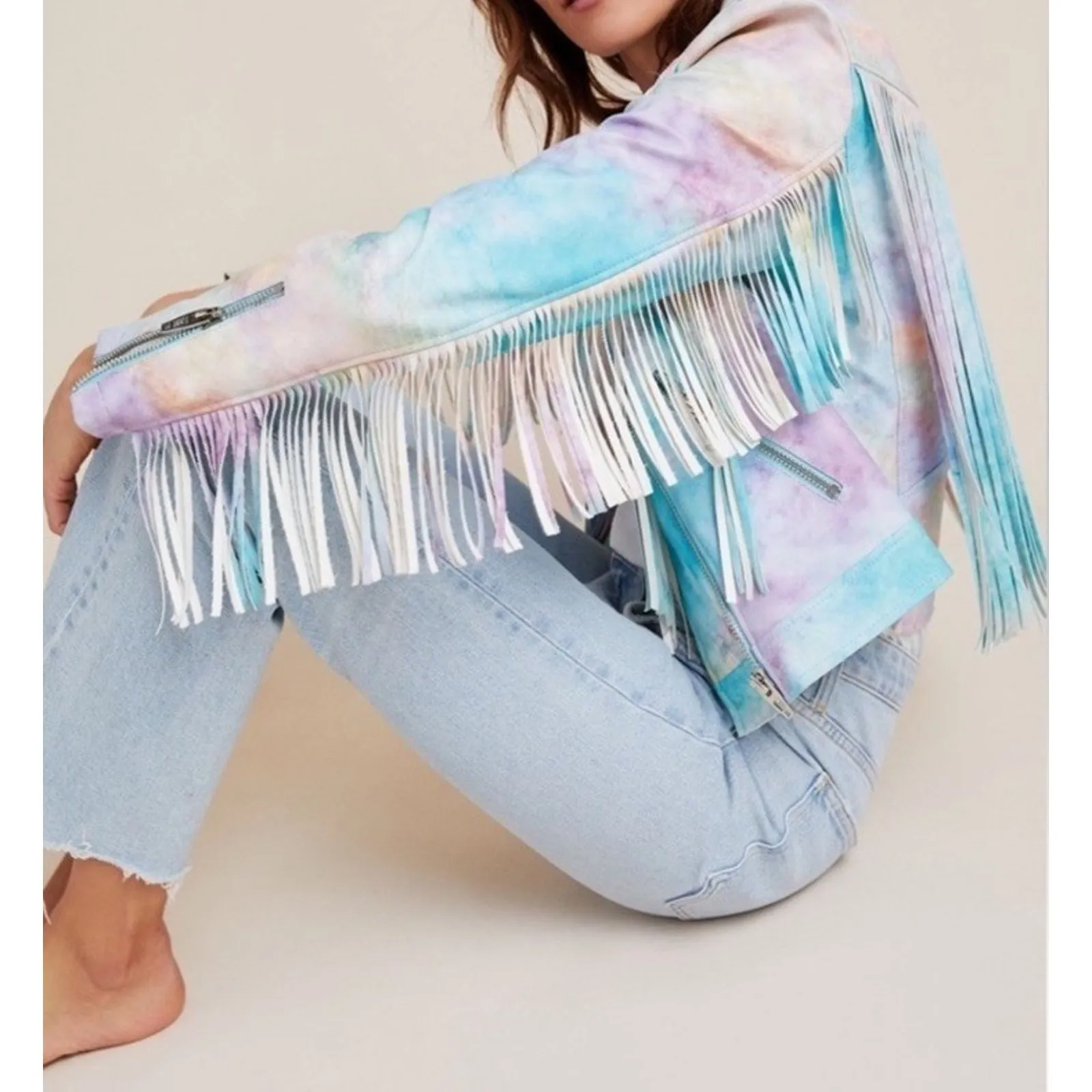 BLANK NYC Tie Dye Faux leather S Fringe Moto Jacket Pastel Multicolor Blue - Image 3