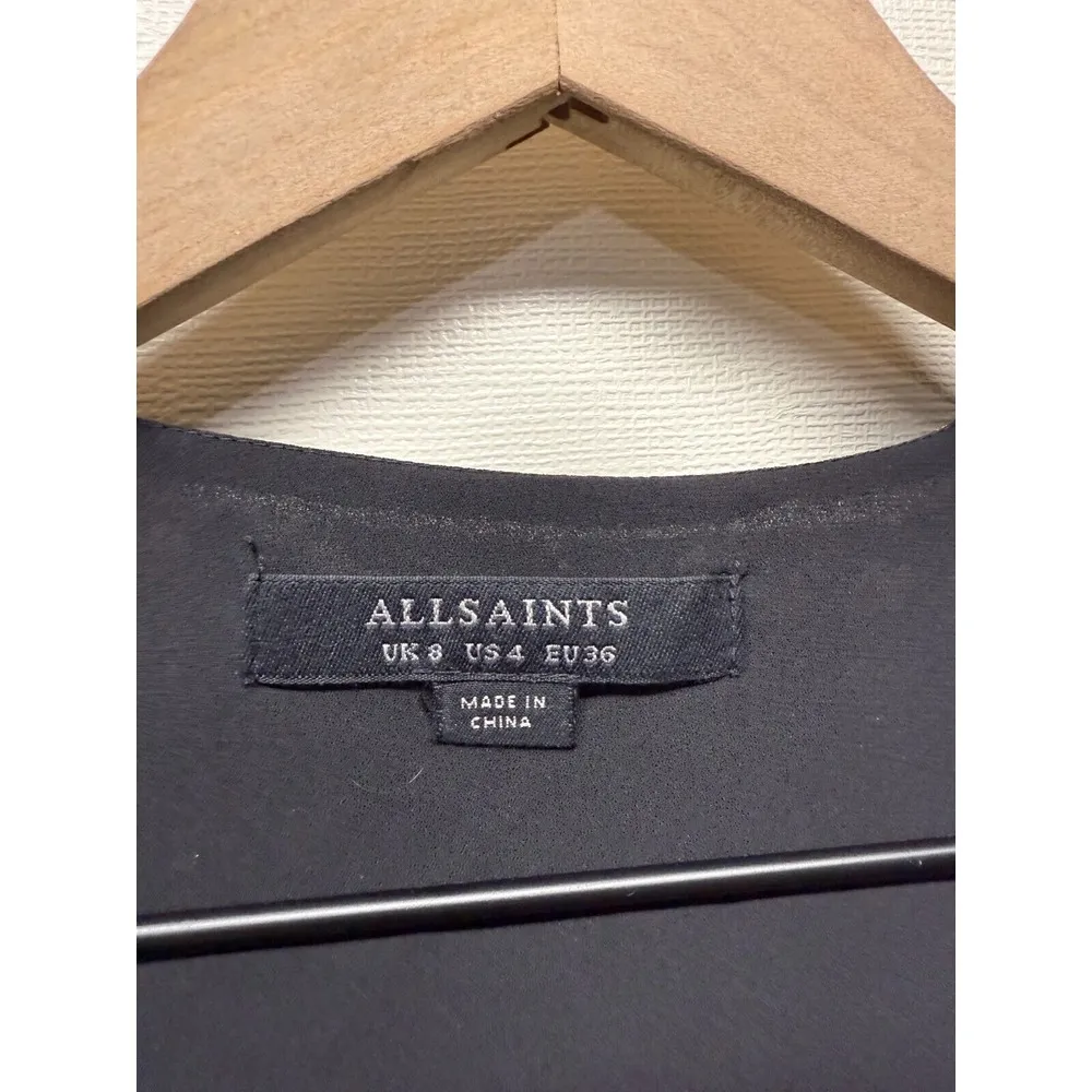 AllSaints Womens Wrap Top Sz 4 Black White Floral Ruffle Peplum Hem‎ Chiffon - Image 6