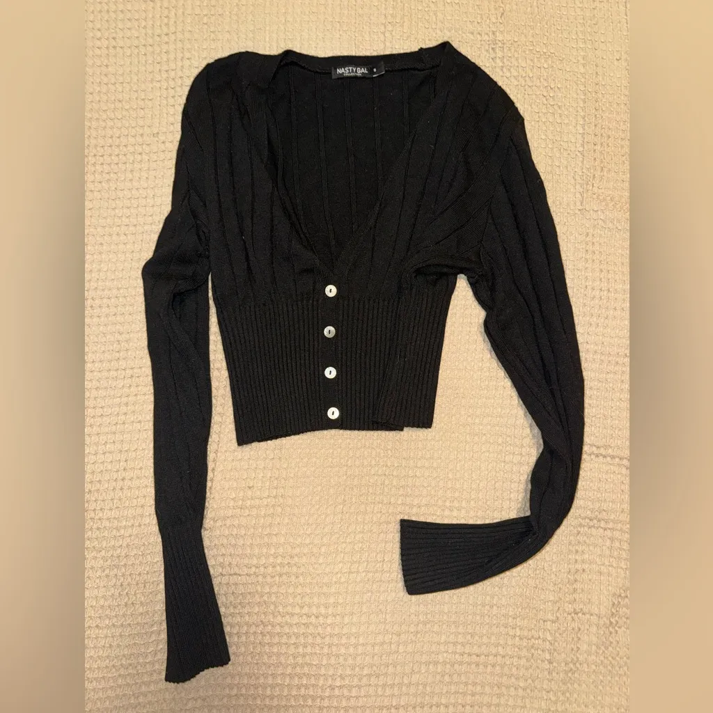 Nasty Gal Black Ribbed Button-Front Cardigan - Image 2