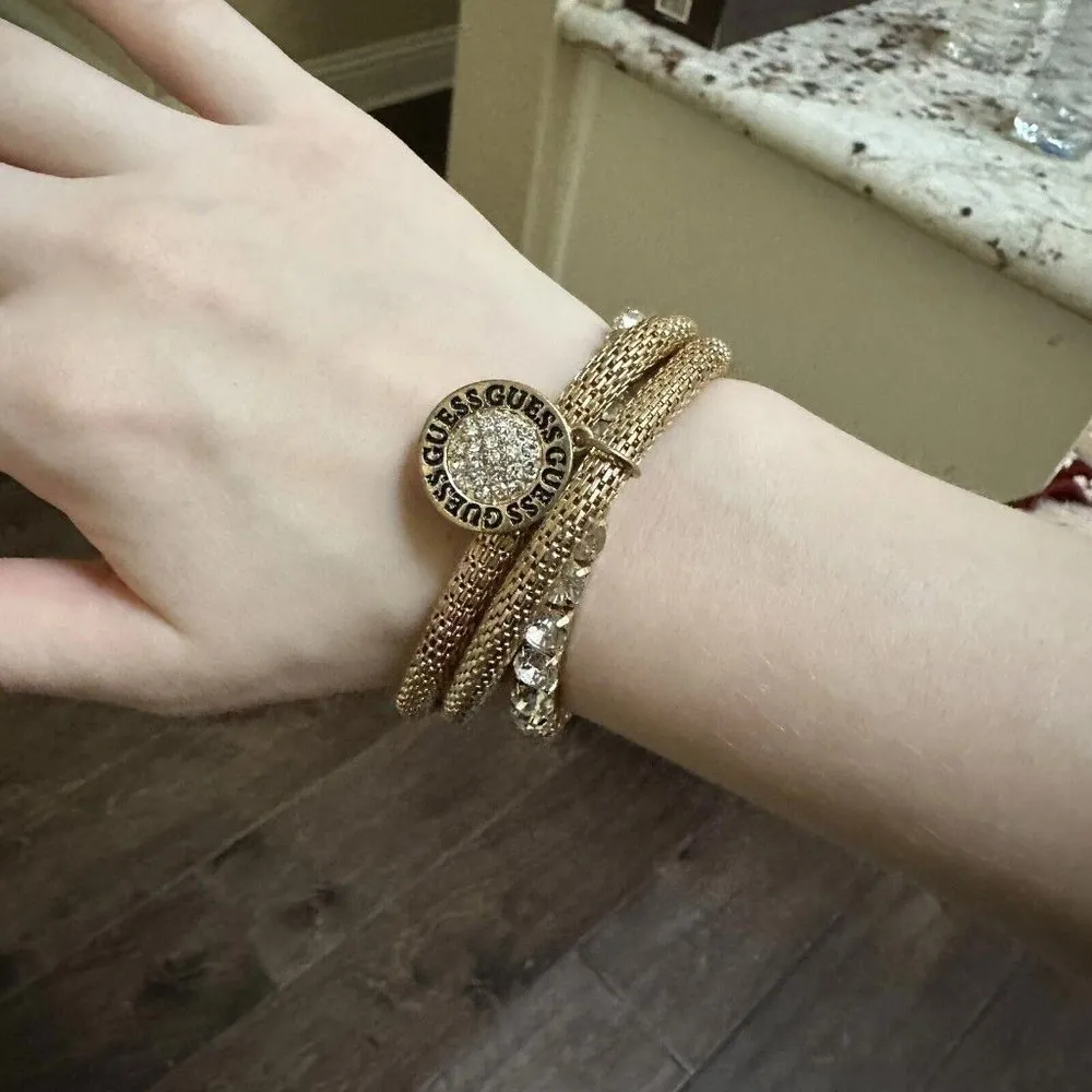 Guess Multi Strand Interlocked Stretchy Bracelet Gold Tone & Rhinestone 7 Inch - Image 4