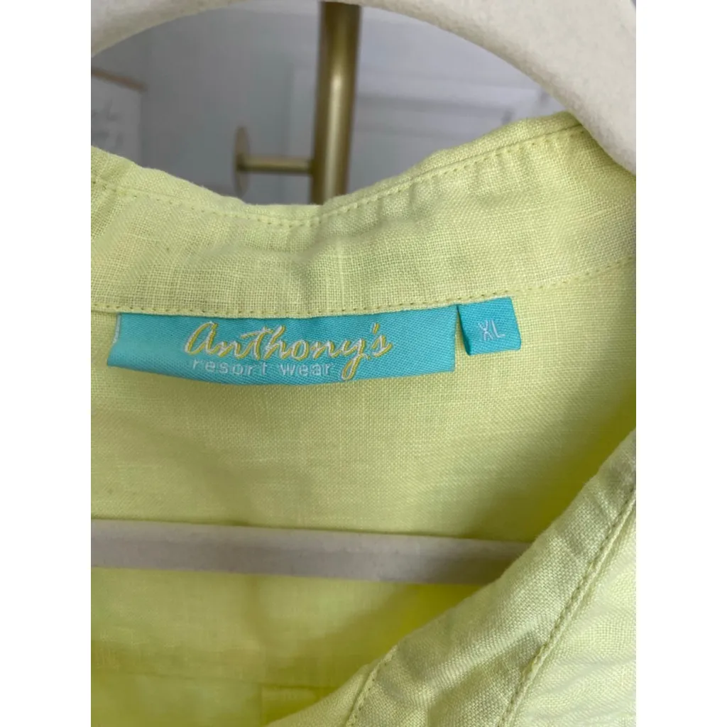 Anthony’s Bright Yellow Linen Shirt Resortwear XL Sleeveless Button Front Vaca - Image 4