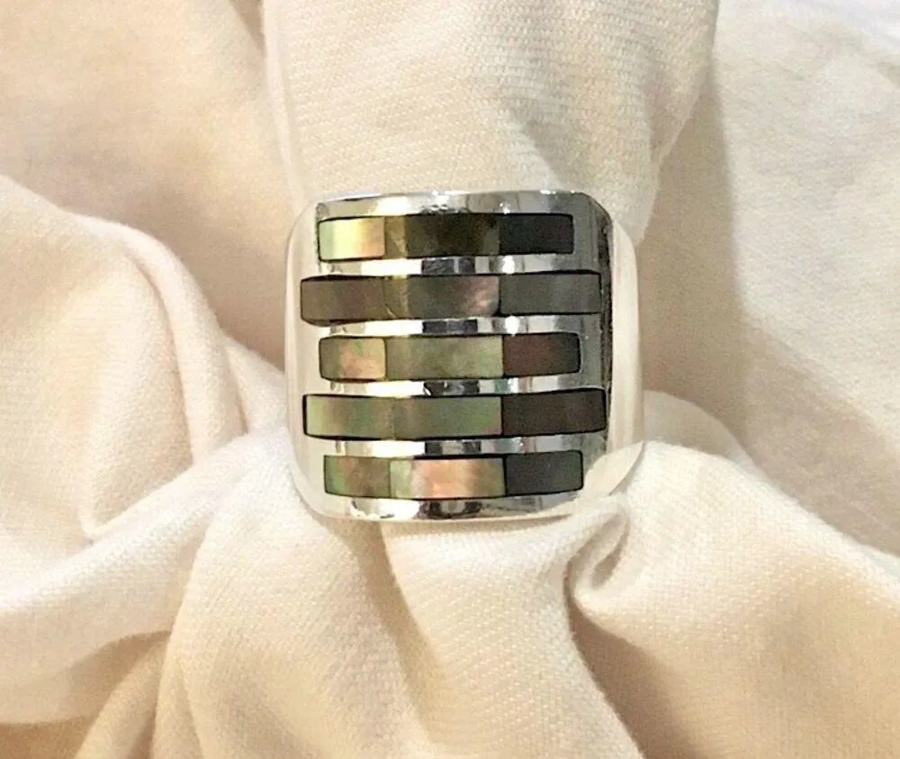VINTAGE Abalone Sterling Silver Cigar Band Ring Sz 7-1/2 - Image 5