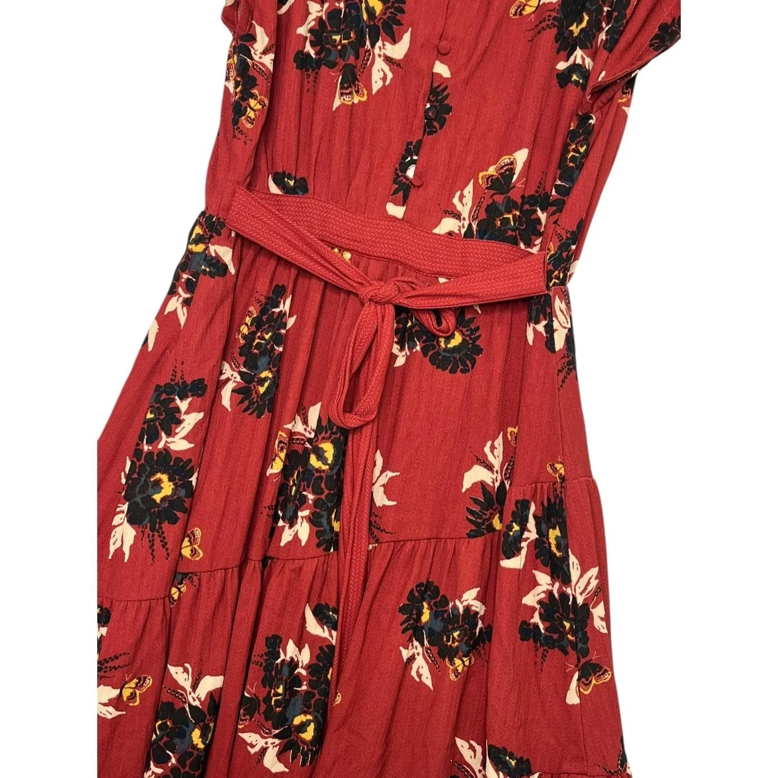 Free People Dress Womens 10 Red Floral Tiered V Neck Belted Maxi Boho - Image 12