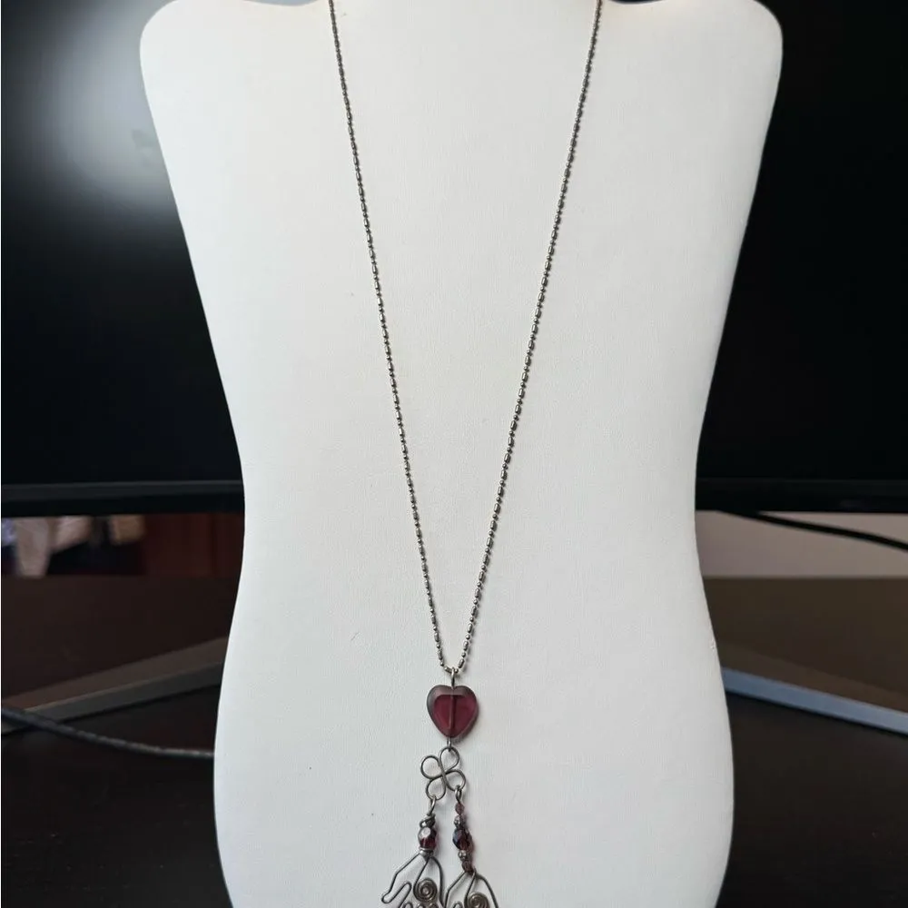 Eclectic Boho Silver Hamsa and Purple Heart Pendant Necklace - Image 2