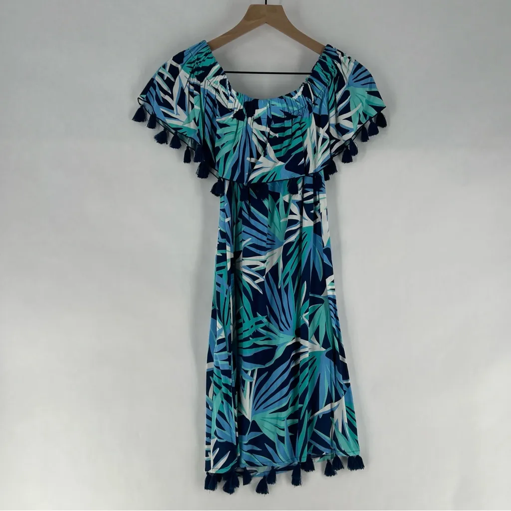 Escapada Living Monica Tassel‎ Dress Blue Tropical Leaf Print Off The Shoulder - Image 10