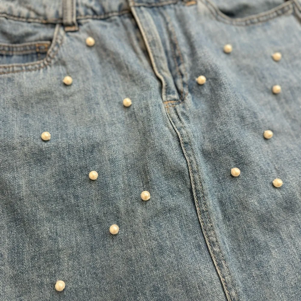 Miami Women's Cutoff Jean Faux Pearl Mini Skirt Light Blue Denim M Med Medium - Image 5