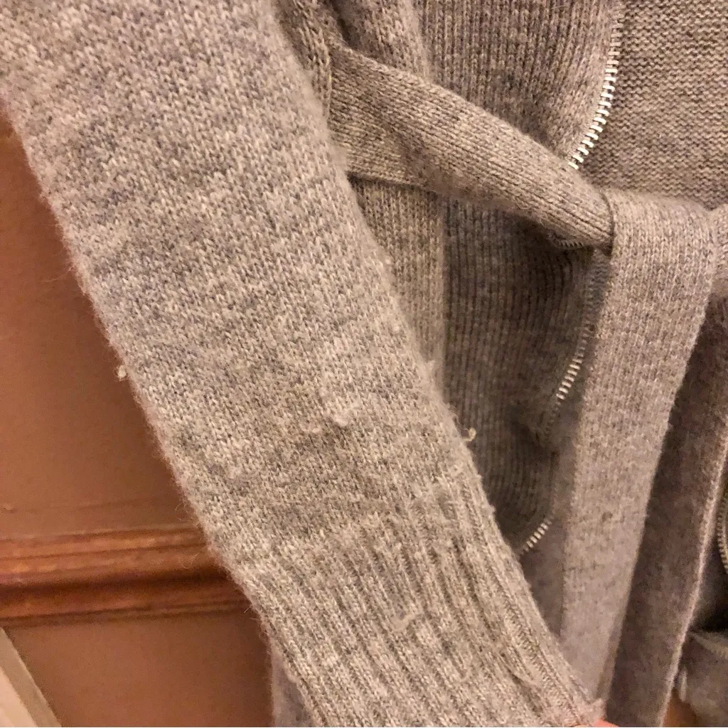 BCBGMaxAzria Wool Blend Open Front‎ Tie Ruffle Zipper Cardigan Grey Medium - Image 4