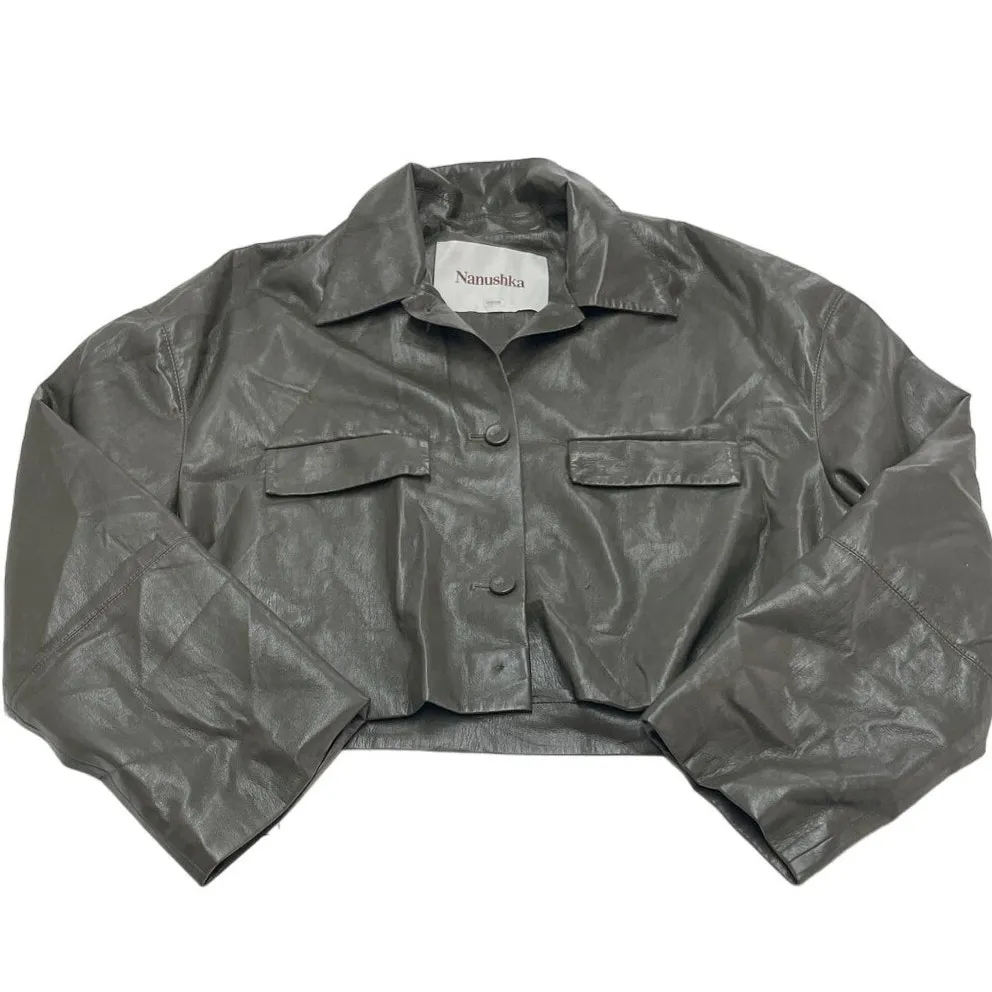 Nanushka Jacket Womens X Large Holleen Solid Green Faux Leather Collared Size XL - Image 2