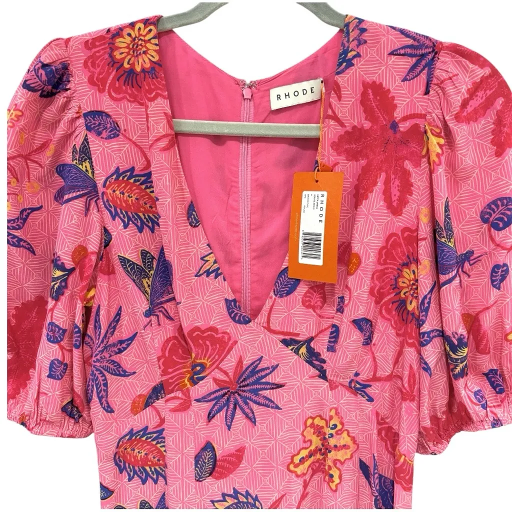 NWT Rhode Ester Pink Floral Print Puff Sleeve V Neck Midi Flounce Hemline Dress Size 4 - Image 7
