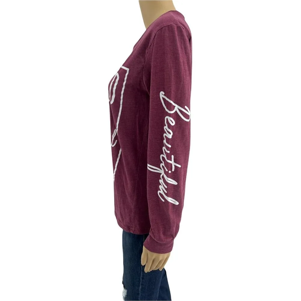 ON FIRE (L) Burgundy Red Blessed and Beautiful Long Sleeve Tee Shirt - Image 3
