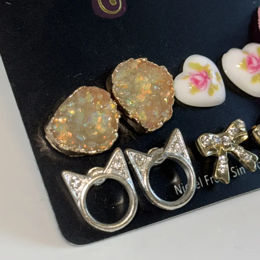 BRASH 6 Pairs Set of Pieced Stud Earrings Bow Heart “Love” Motif - Image 2