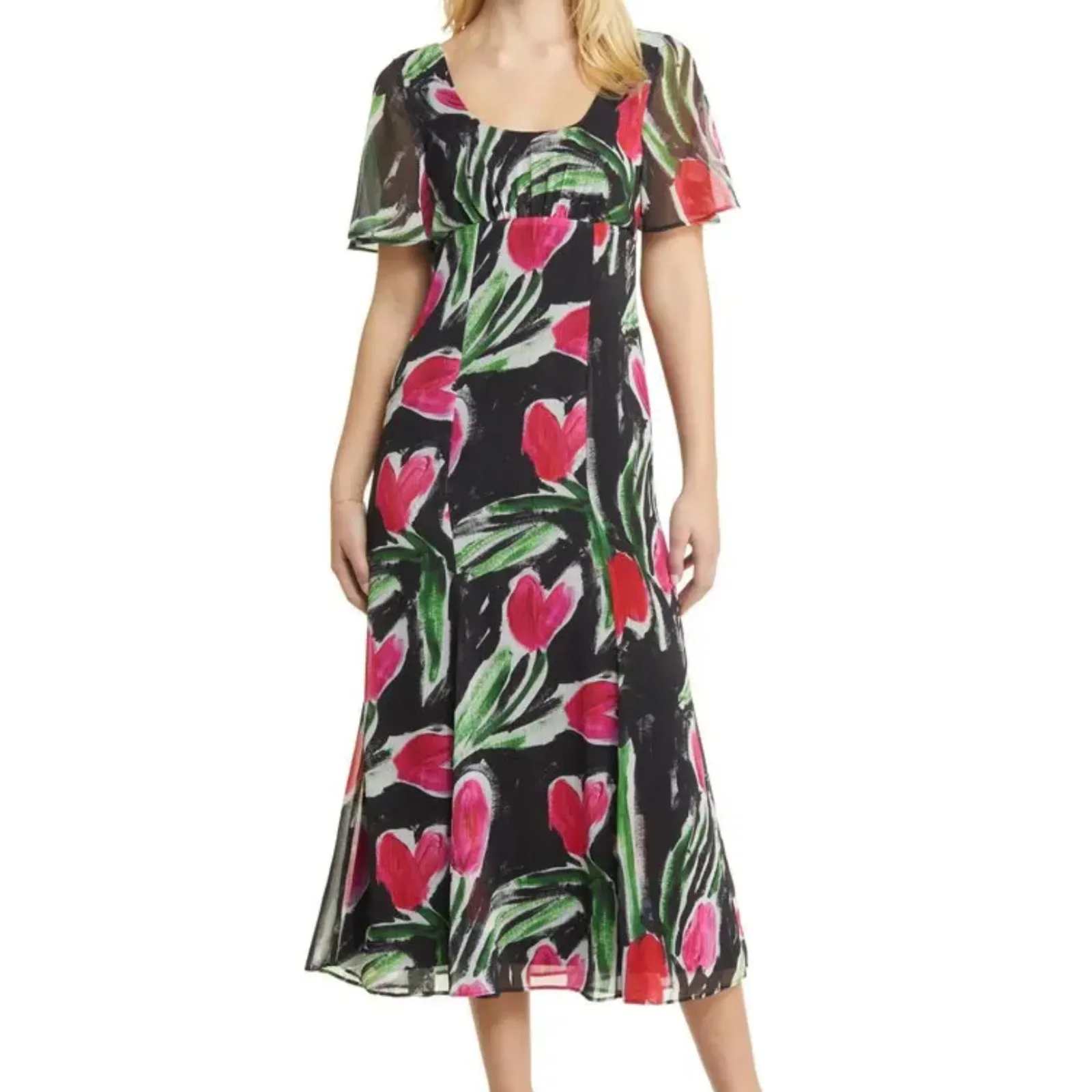 TopShop Women’s 2 Flower Flutter Sleeve Dress Black Red Tulip Floral Midi Dress - Image 13