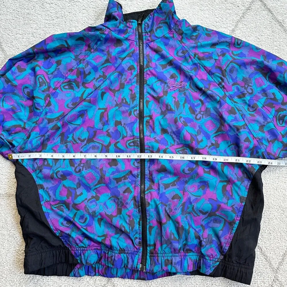 Vintage 90s Reebok Colorful Blue/Purple Abstract Pattern Full Zip Windbreaker LG - Image 4