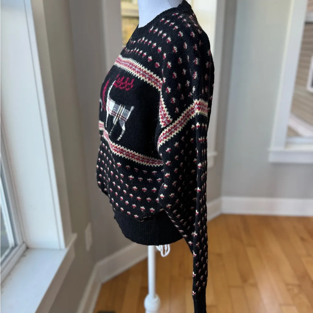 Vintage Susan Bristol Black Reindeer Plaid Wool Christmas Sweater Sz 38 Medium - Image 3