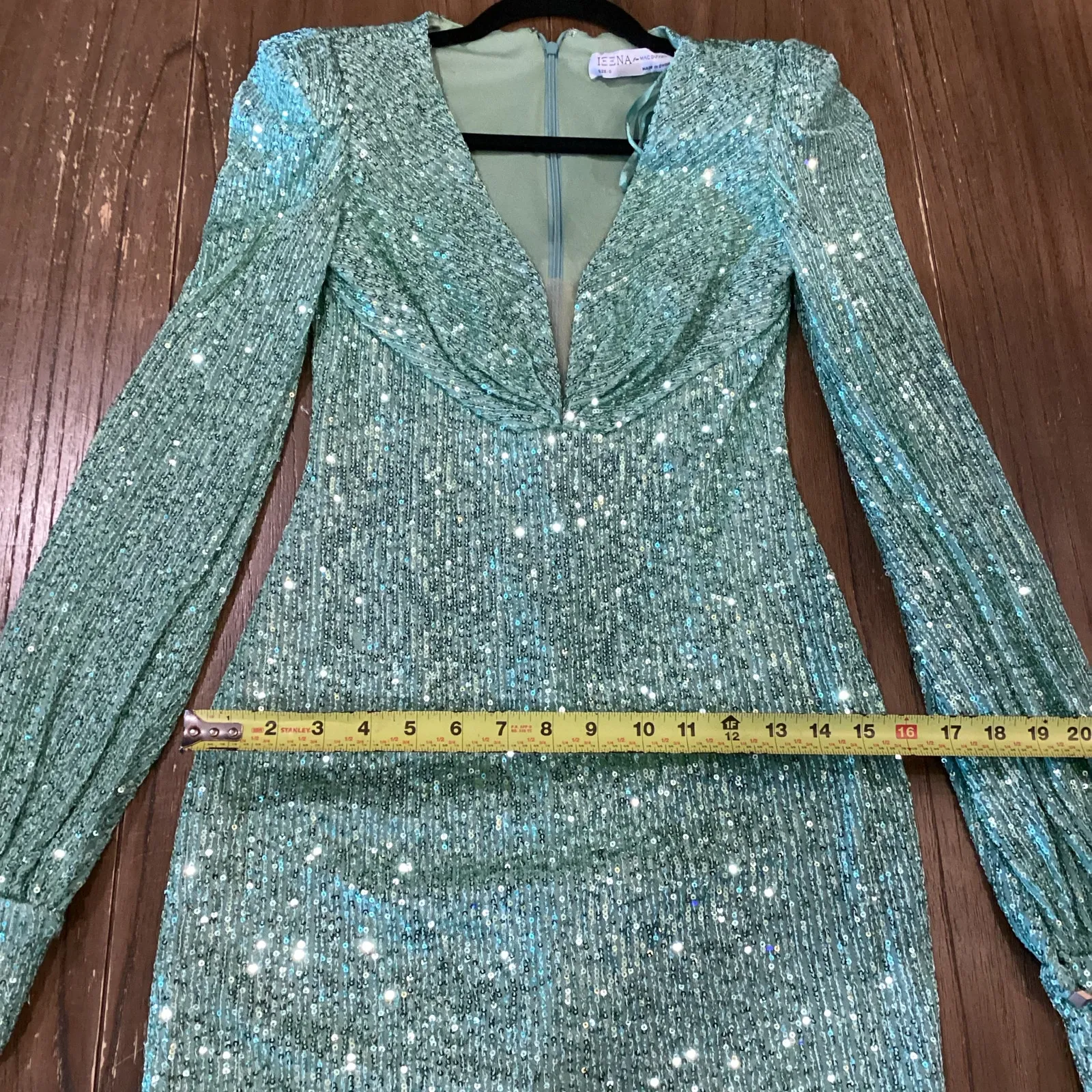 Ieena for Mac Duggal 26865 Sequin bishop long Sleeve sequin mini Dress green 0 - Image 10