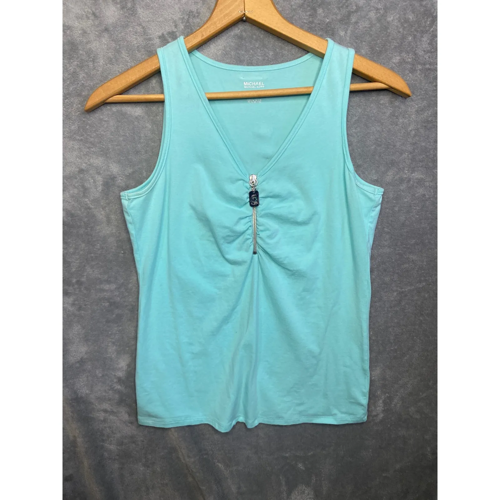 Michael‎ Kors Aqua Blue V Neck Zipper Ruched Tank Top Women's Size Medium - Image 4