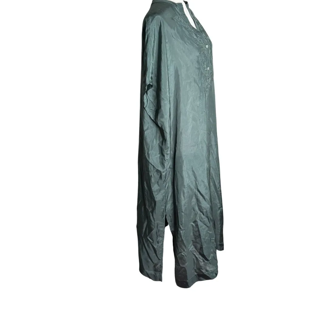 Oysho Silk Embroidered Kaftan Dress Size S Green V Neck Light Slightly Sheer NEW - Image 7