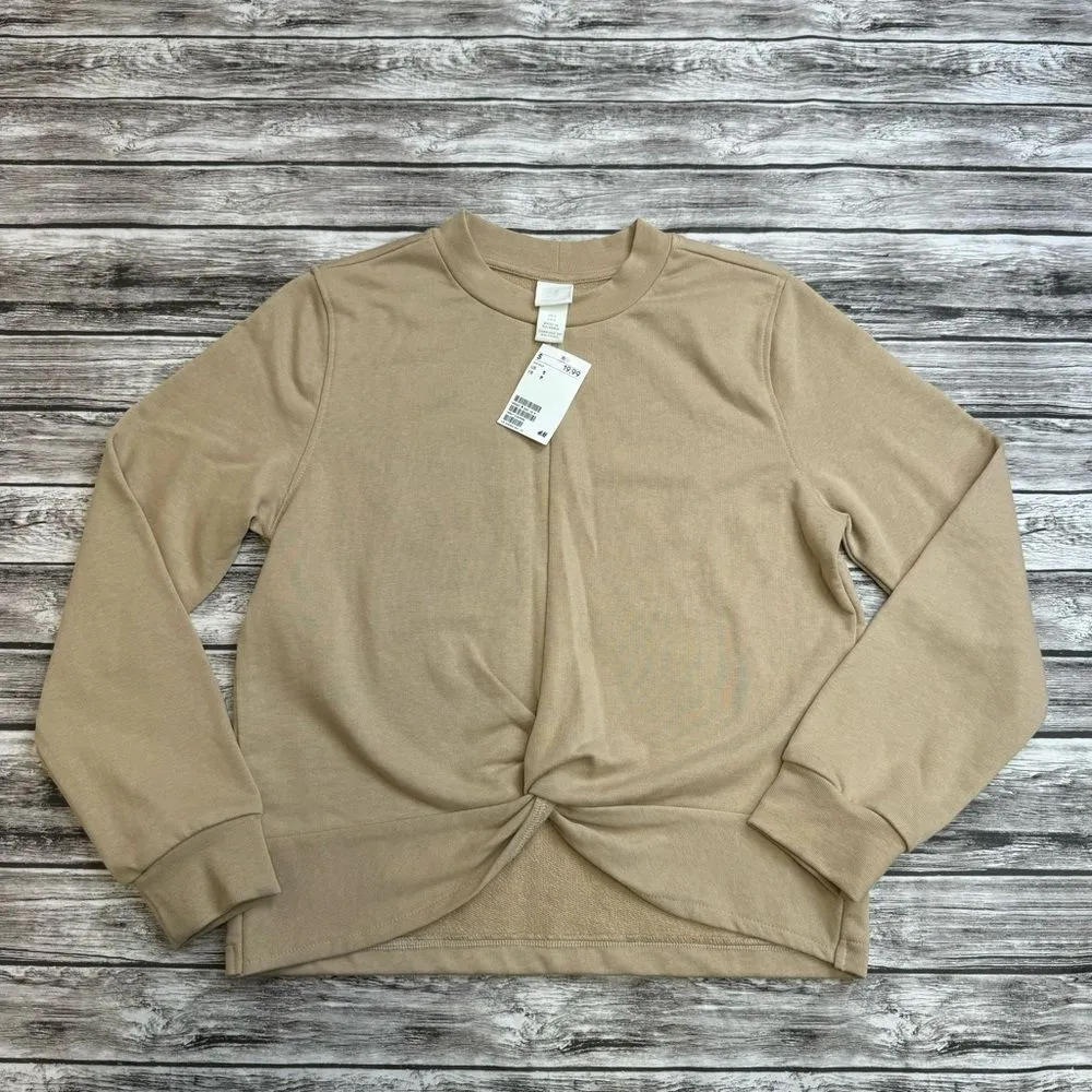 H&M Women's Twist Front Center Seam Long Sleeve Sweatshirt S SM Small Tan Brown - Image 3