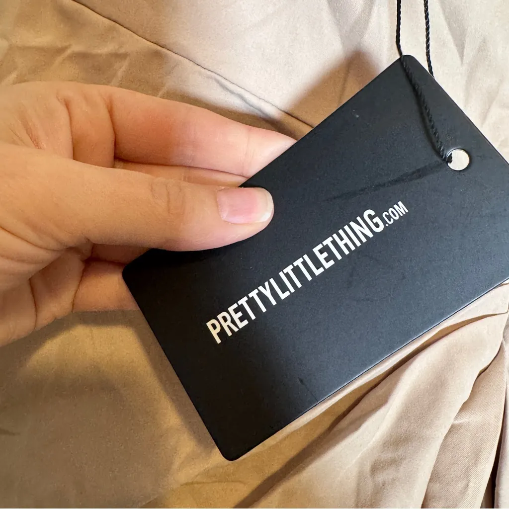 Pretty Little Thing Strapless Ruched Bodycon Midi Dress Womens 12 Tan Baddie NWT - Image 5