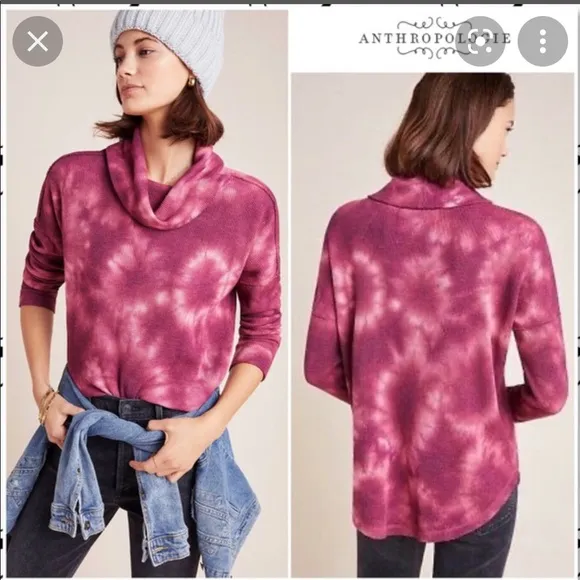 Anthropologie Maeve Medium Pink Ainsley Tie Dye Cowl Neck Waffle Knit Thermal - Image 2