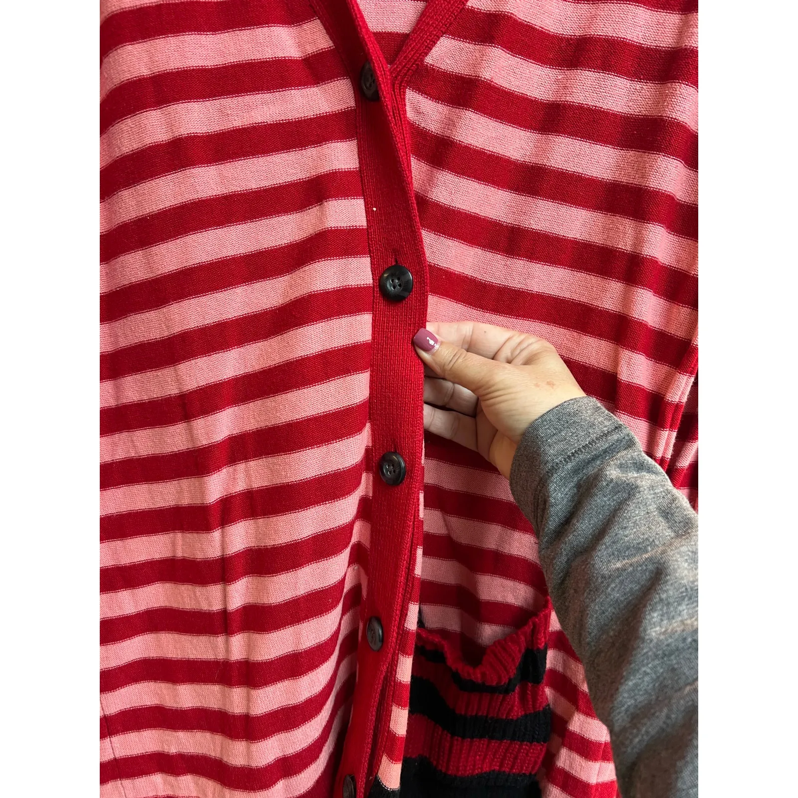 Cabi Cranberry Picnic Cardigan Summer Stripe Cotton Sweater Small - Image 7
