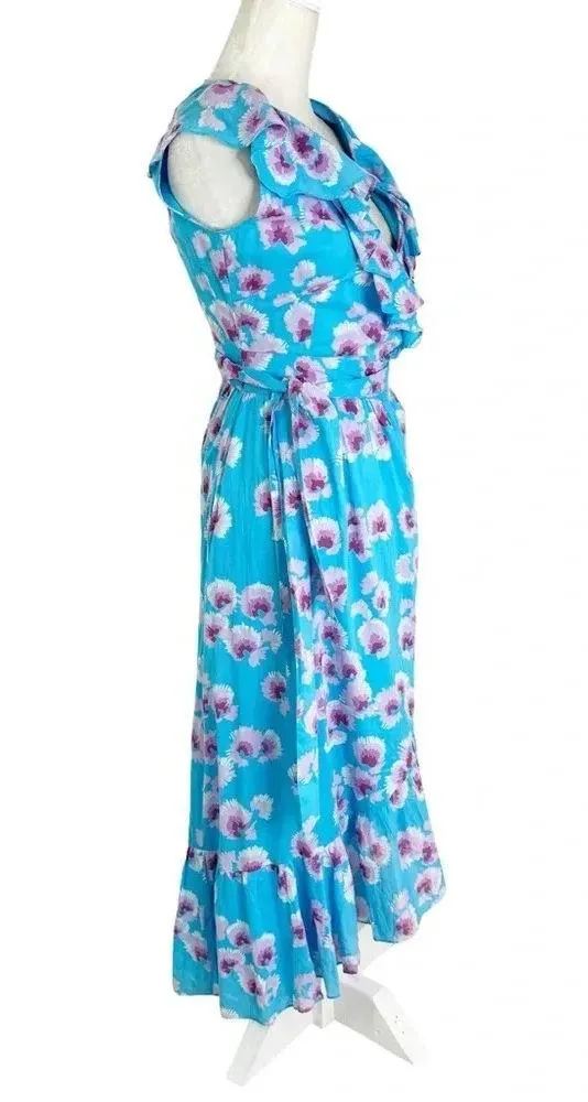 NWT Banjanan Anthropologie Elise Cotton Floral Wrap Midi Dress Blue Size XS - Image 10