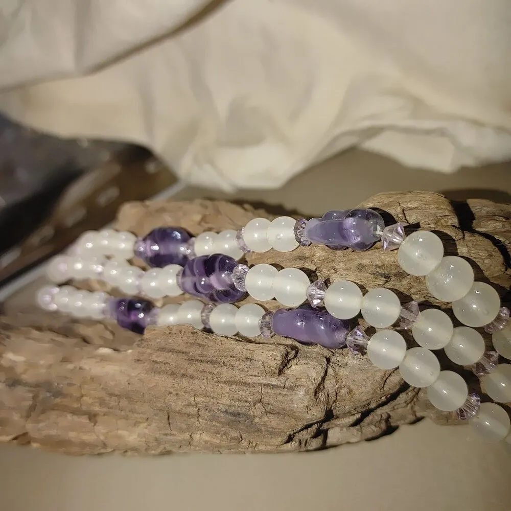 Purple Glass Beaded Bracelet Rhinestone Vintage Triple Strand White Clasp Pearl - Image 11