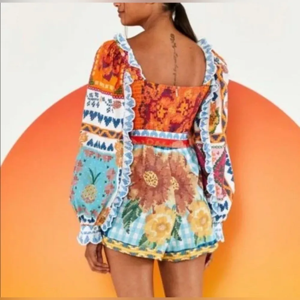 FARM Rio Summer Vibe Patchwork Floral Romper XS Multicolor Boho Festival Vaca - Image 5