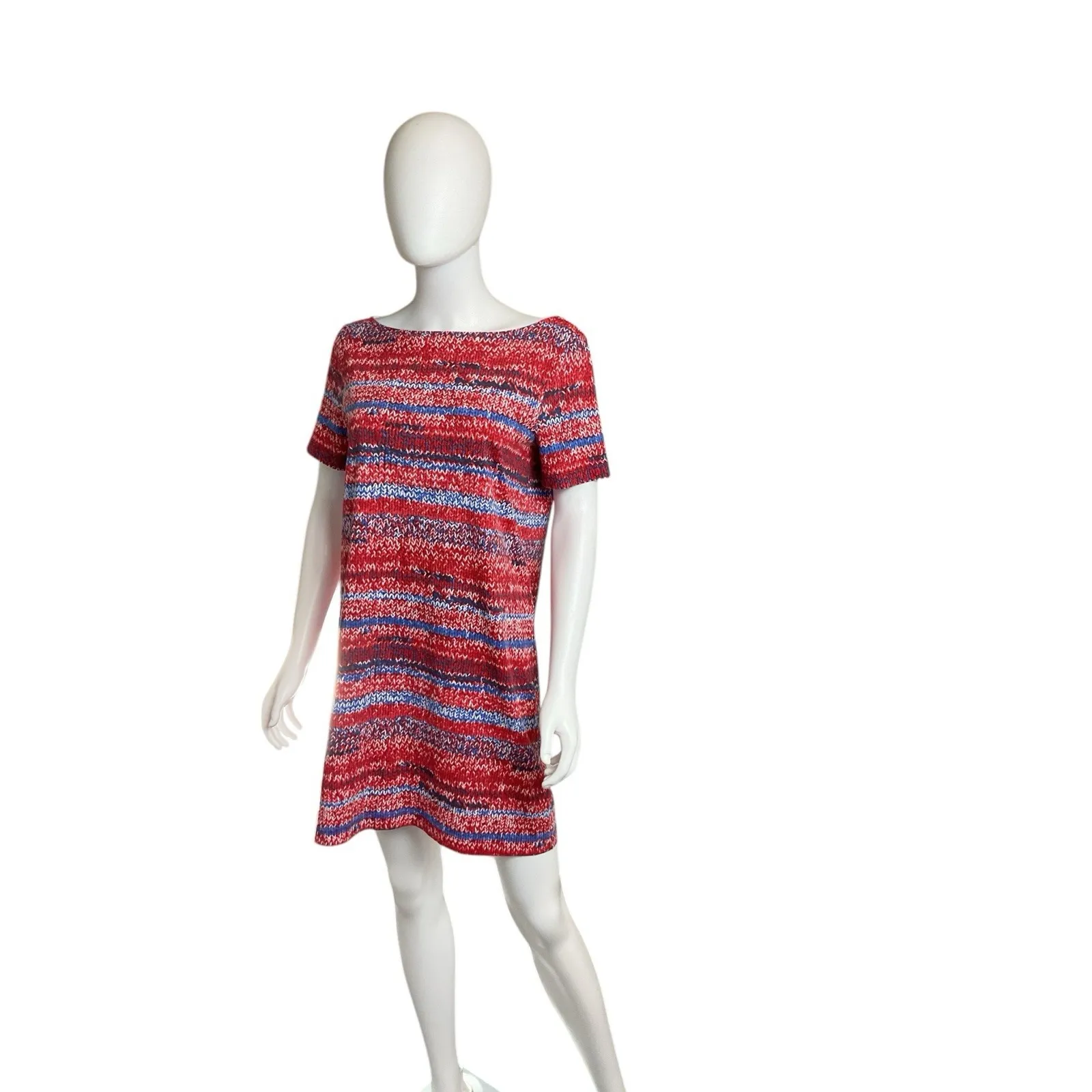 Tory Burch Pima Cotton Red Blue Yarn Print‎ Mini Short Sleeve Dress Size Large - Image 2