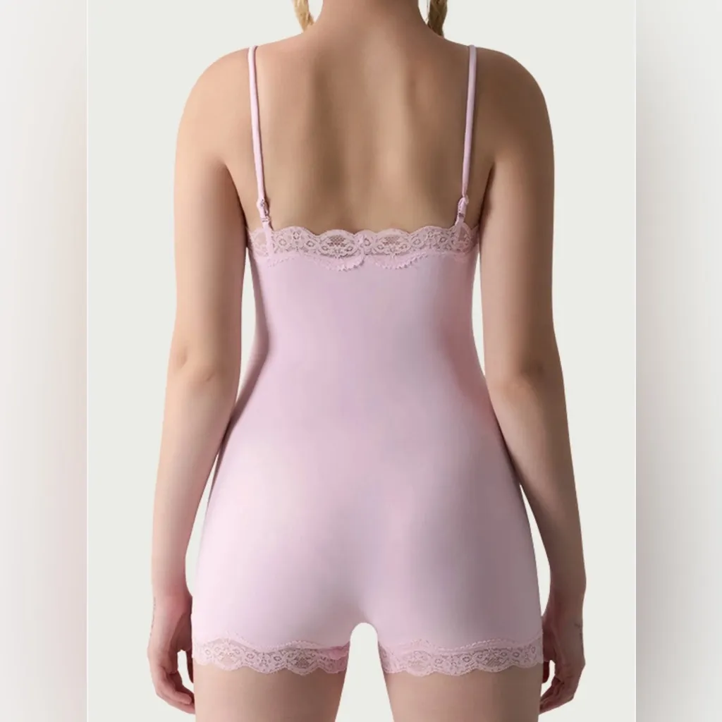 Katch Me Lace Series Women's Spaghetti Strap Lace Trim Breathable Playsuit Pink - Image 2