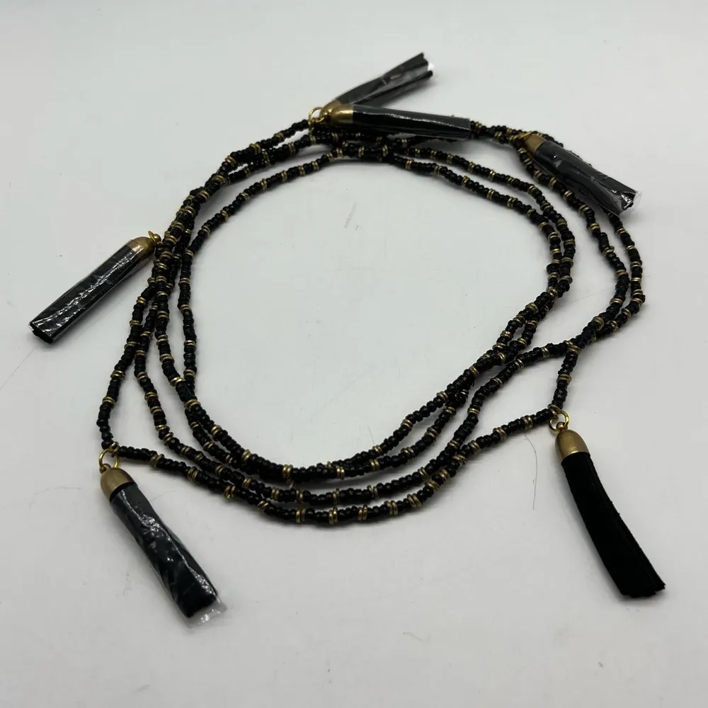 NEW black and gold beaded lariat necklace with five black tassels - Image 2