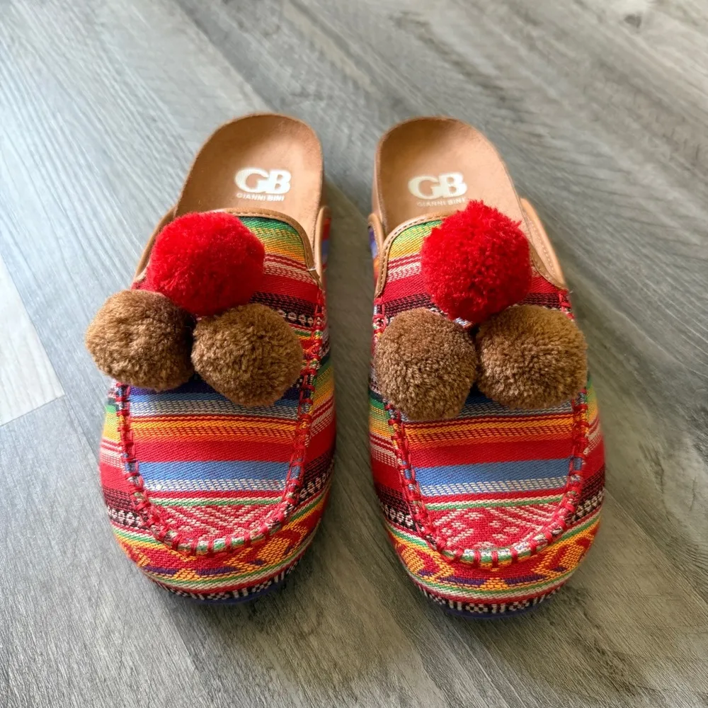 Gianni Bini Slides Southwestern Pom Pom Slip On Mules Shoes - Image 2