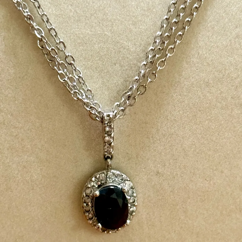 Silver Triple Chain Necklace With Faux Sapphire & Clear Crystal Pendant - Image 6