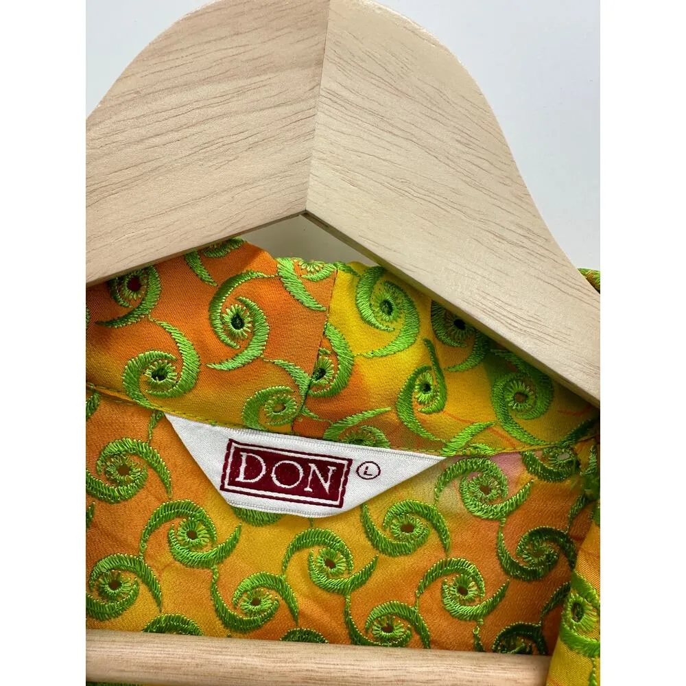 DON Vtg Orange Green Swirl Embroidery Button Open Front Shirt Unisex Large - Image 4
