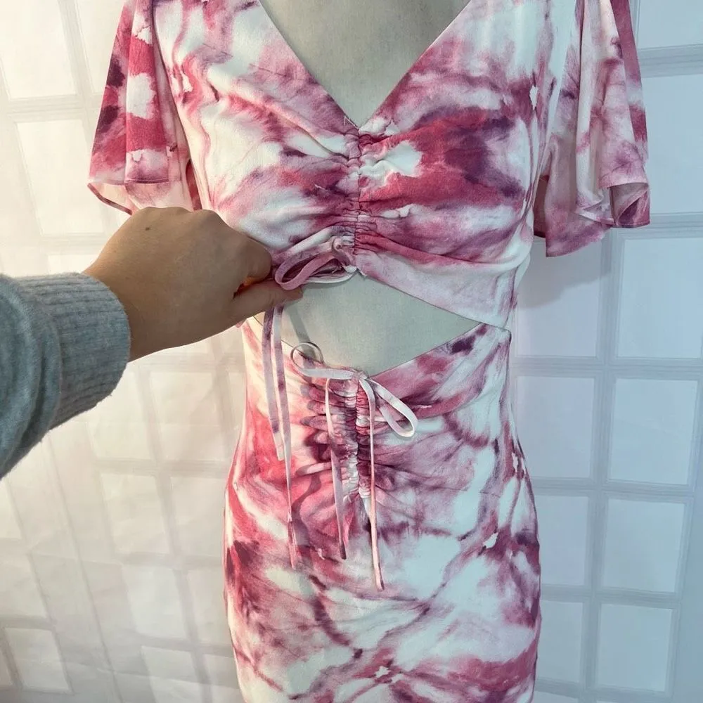 Lucy Paris pink tie dye drawstring cutout midi dress size small - Image 3