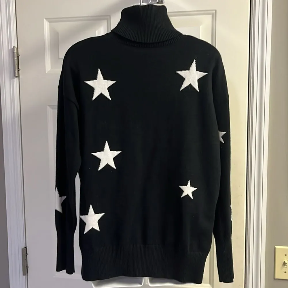 Black w/ Stars Turtleneck Viscose Blend Long Sleeve Sweater w/Side Slits - Image 7